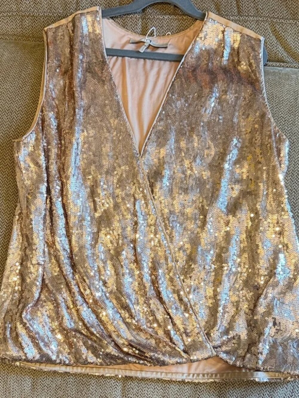 Halston Heritage Champagne Gold Sequin Wrap Tank Top Size S